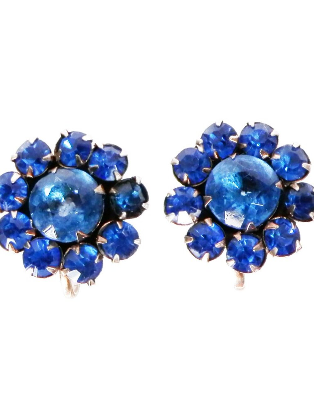 Vtg Blue Rhinestone Cluster Flower Screw Back Sterling Round Earrings 50s 60s